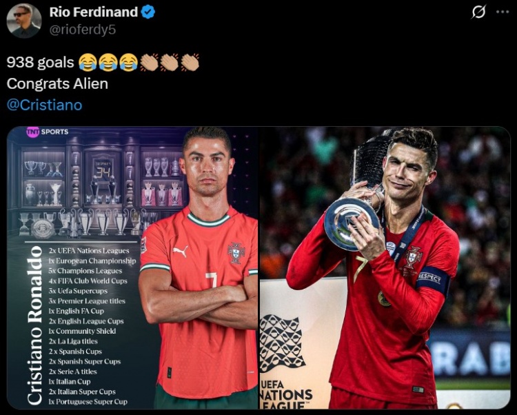 破門+奪冠，費(fèi)迪南德社媒曬照祝賀C羅：938粒進(jìn)球，恭喜外星人C羅