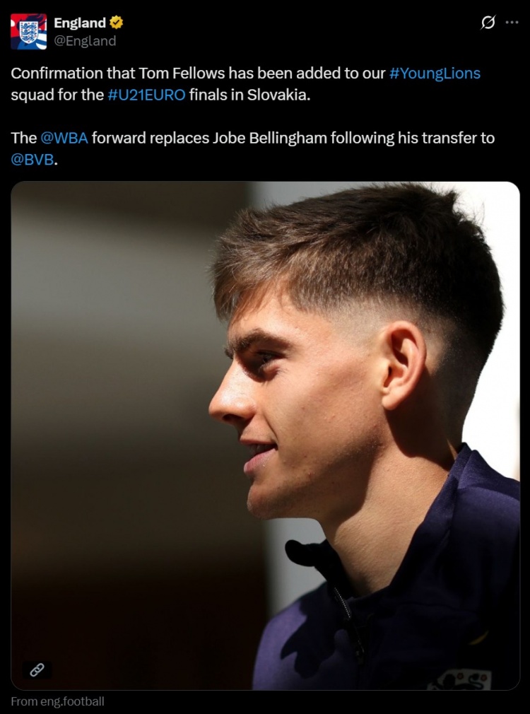 官方：英格蘭U21補(bǔ)招西布朗中場費(fèi)洛斯，頂替小貝林厄姆