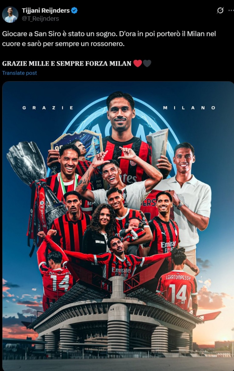 賴因德斯社媒告別米蘭：在圣西羅出場是我的夢想，永遠(yuǎn)是米蘭球迷