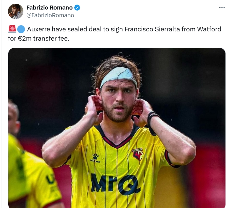 羅馬諾：歐塞爾已敲定從沃特福德簽下塞拉爾塔，轉會費200萬歐元