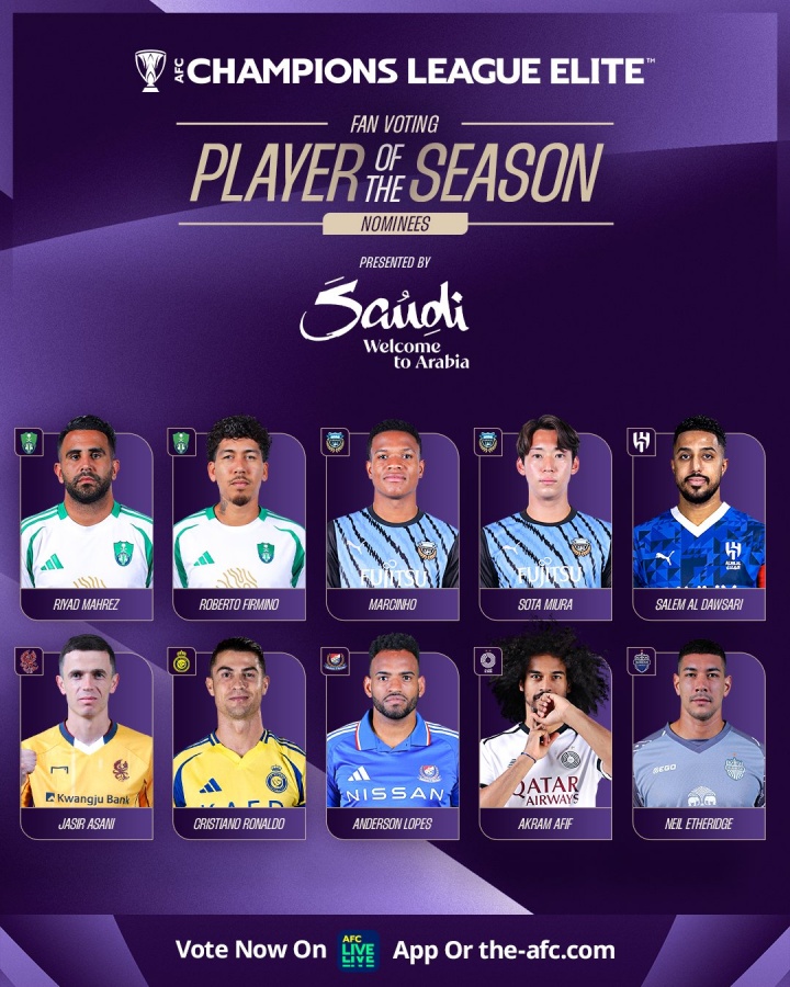 亞冠精英聯(lián)賽賽季最佳球員候選：C羅、馬赫雷斯、菲爾米諾在列