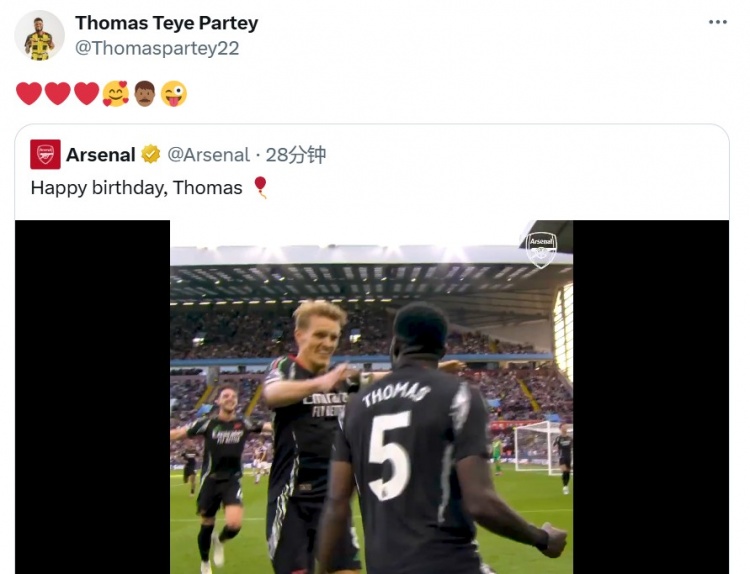 阿森納為托馬斯送上32歲生日祝福，球員回復(fù)：??????