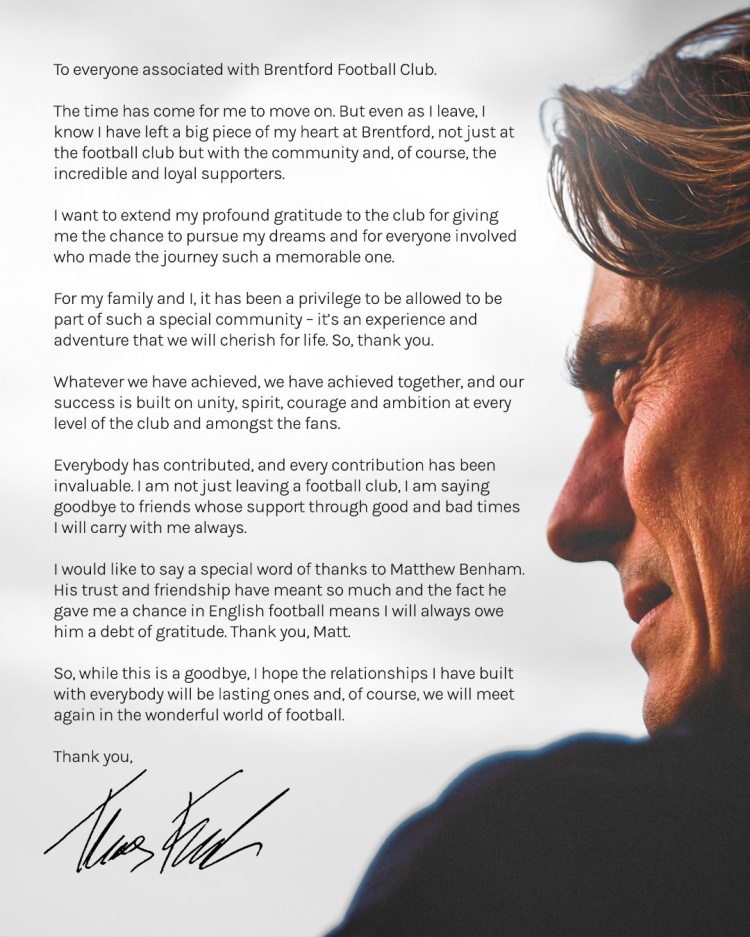 弗蘭克告別布倫特福德：感謝俱樂部所有人，你們的支持我銘記在心