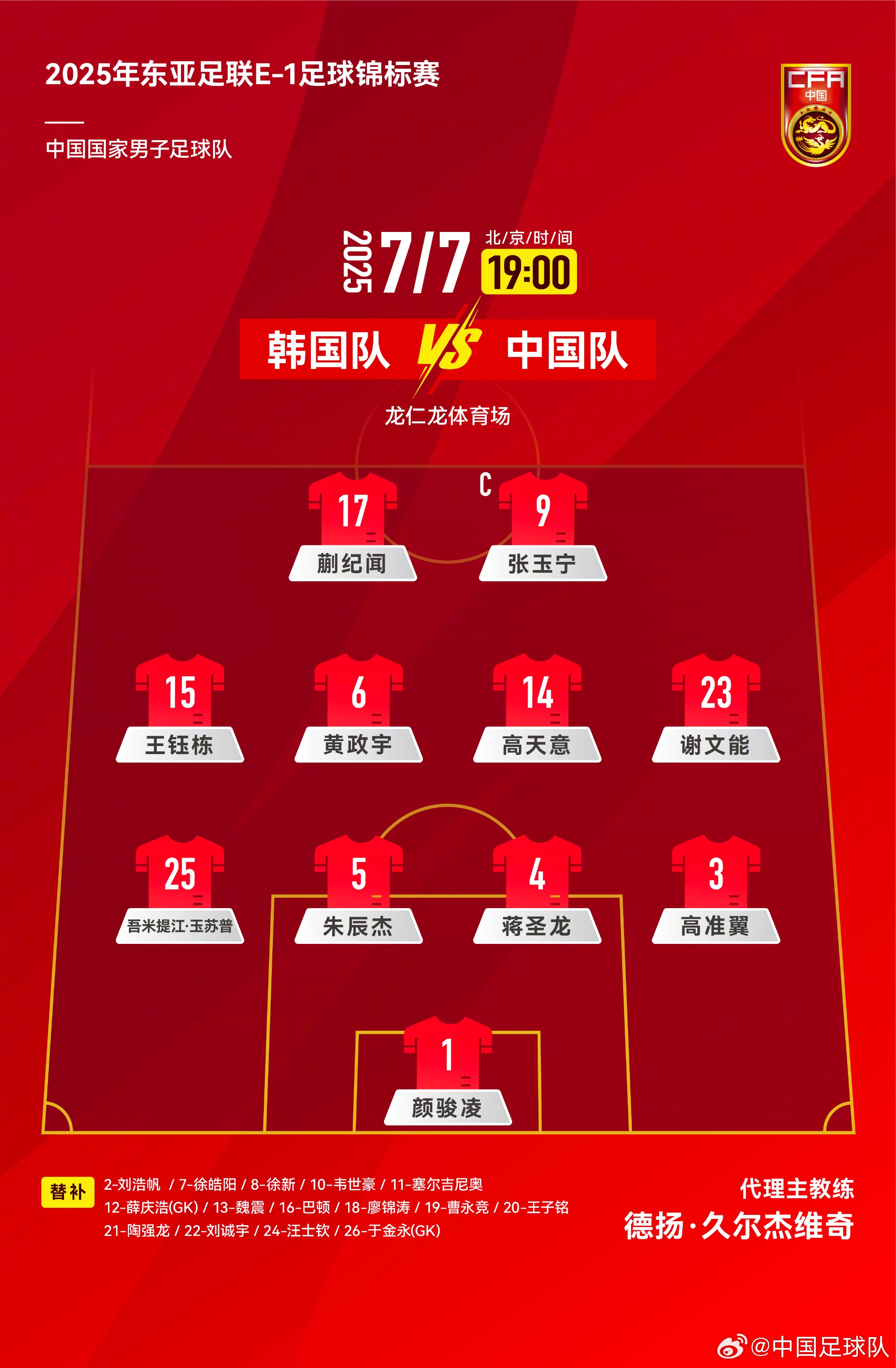 442！國足官方陣型圖：蒯紀聞張玉寧雙前鋒，黃政宇高天意雙后腰