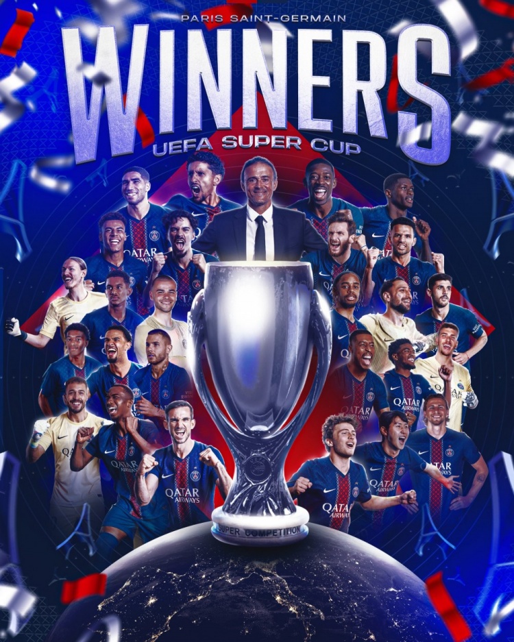 問鼎歐超杯！巴黎官方社媒曬奪冠海報(bào)，恩里克攜眾將出鏡