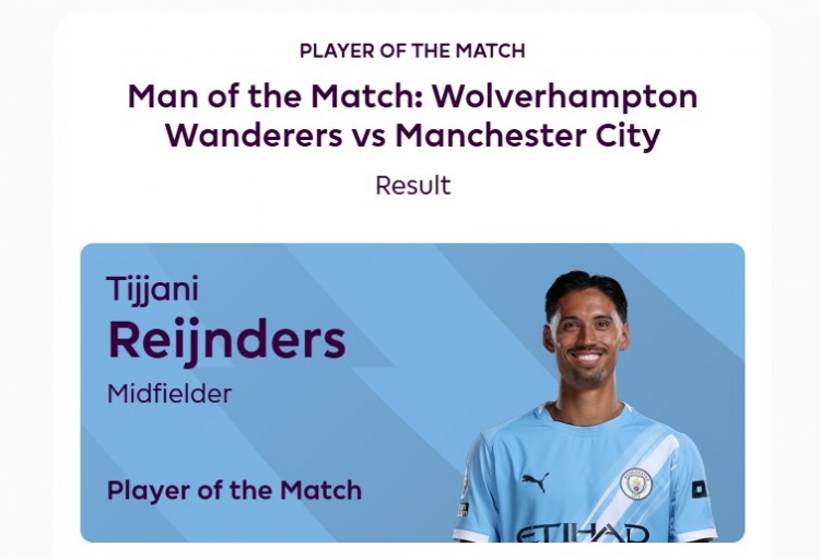 傳射建功，官方：賴因德斯當選曼城vs狼隊全場最佳球員