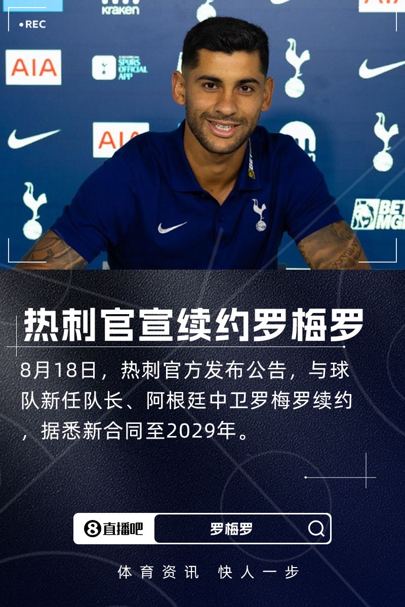 熱刺官方：阿根廷中衛(wèi)羅梅羅續(xù)簽長約，據(jù)悉新合同到2029年