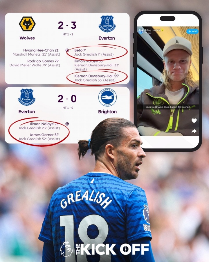 想他了嗎？格拉利什2場4助，哈蘭德開吹：杰克-德布勞內(nèi)在埃弗頓