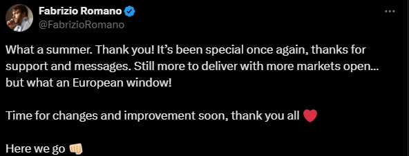 冬窗再見(jiàn)！夏窗正式關(guān)窗，羅馬諾感謝球迷：難忘的夏天，謝謝大家