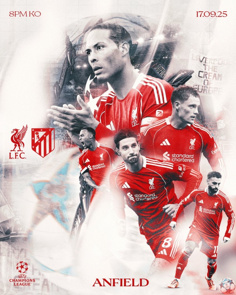利物浦曬歐冠戰(zhàn)馬競海報(bào)：范迪克、薩拉赫+新援維爾茨等多人出鏡