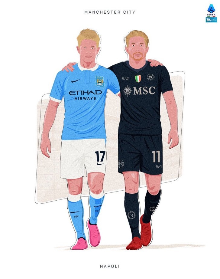意甲官推曬海報預(yù)熱那不勒斯vs曼城：過去和現(xiàn)在的德布勞內(nèi)