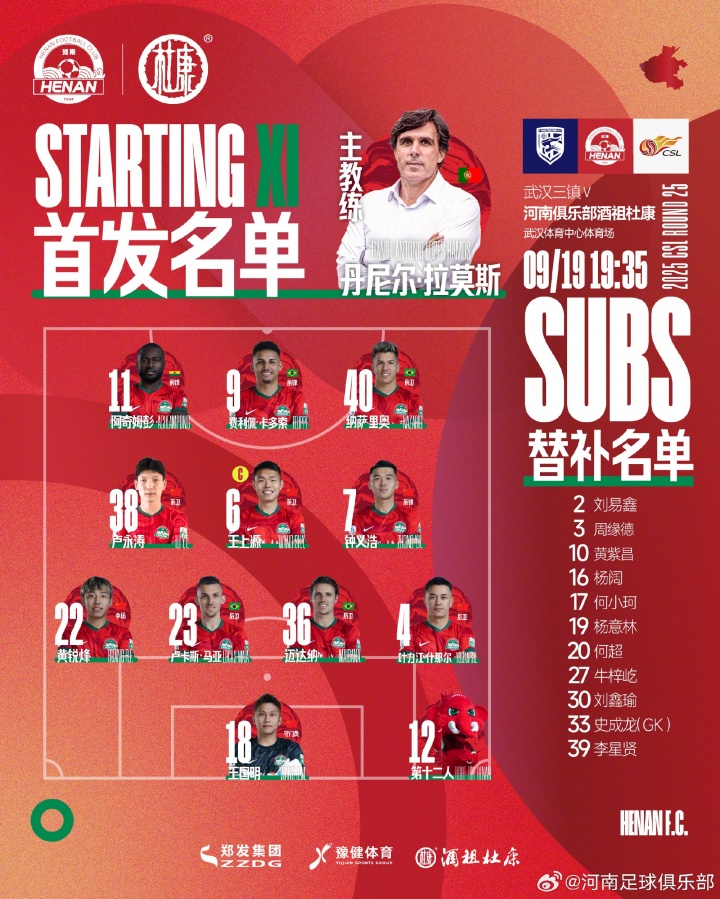 武漢三鎮(zhèn)VS河南俱樂部酒祖杜康  首發(fā)及替補隊員名單