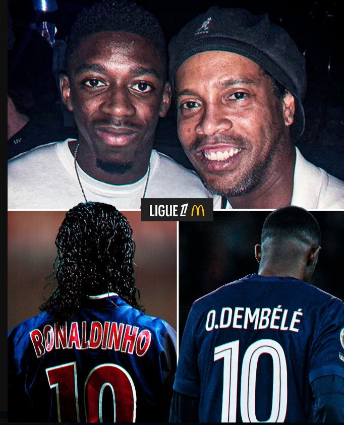 兩個(gè)金球獎得主？法甲官方曬登貝萊、小羅合照：巴黎的10號傳承